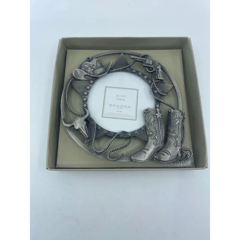 Sonoma Pewter Western Cowboy Boots Hat Pistol Photo‎ Frame 3.5x3.5